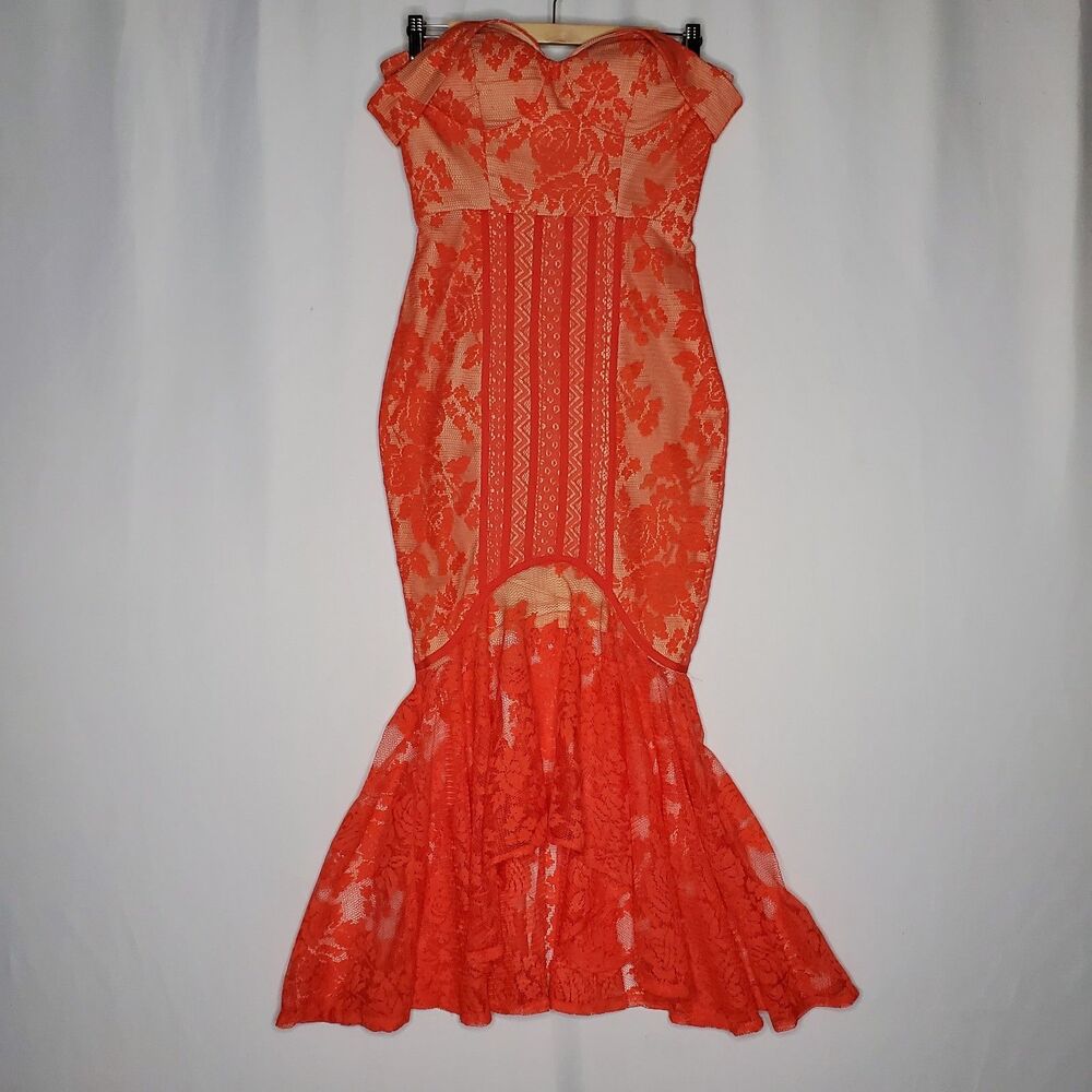 Jarlo Juliet Fishtail Dress UK8 Lace Strapless Cocktail Maxi Flare Orange Prom